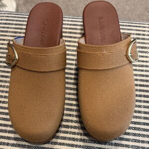 Rothy's Tan Mules with Gold Buckle